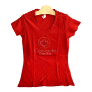 Red Canada Montréal Rhinestone Womens V Neck T Shirt w/ Red Maple Leaf