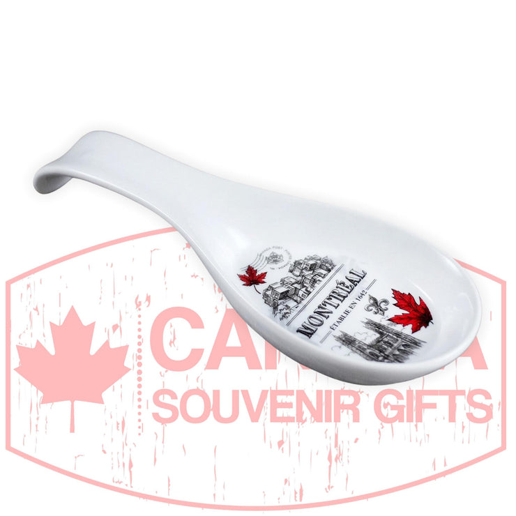 Red Maple Leaf Montreal Themed Spoon Rest | Canadian Ceramic 8.5 inches Countertop Spoon Rest W/ Box