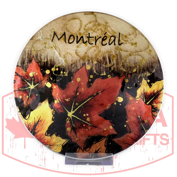 Round Glass Plate - Montreal Maple Leaf 8"D Decoration / Souvenir Plate for Serving / Display