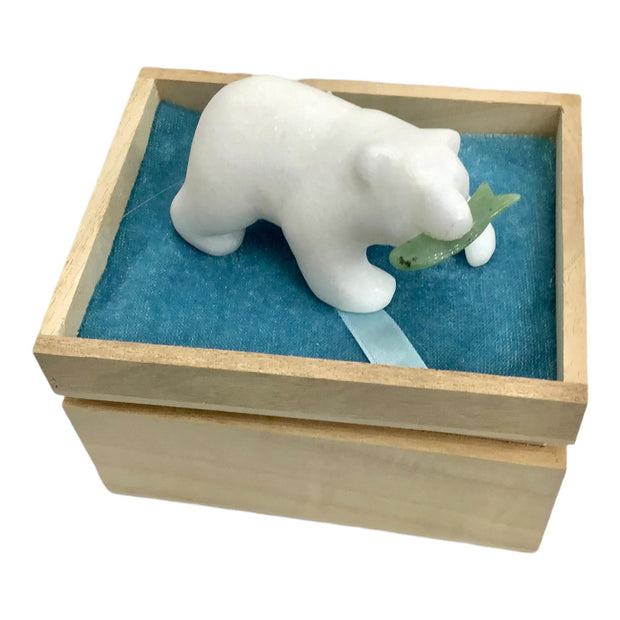 Star Marble Carvings - Marble Bear 3" with Jade FIsh Gift Boxed - Canadian Souvenir
