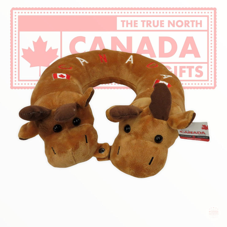 Super Soft Plush Canadian Moose Neck and Travel Pillow for Adults 15" x 10" Double Head Moose