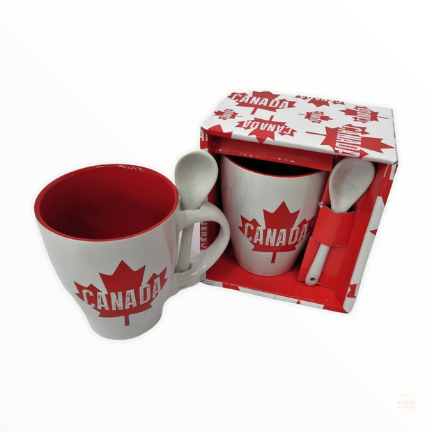 Tea Coffee Cup Canada Maple Leaf Red & White Ceramic Coffee Mug w/ Spoon Gift Pack