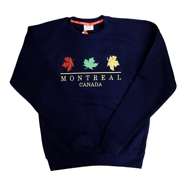 Unisex Montreal Three Maple Leaf Embroidery Crew Neck - Navy Pullover Hoodie -
