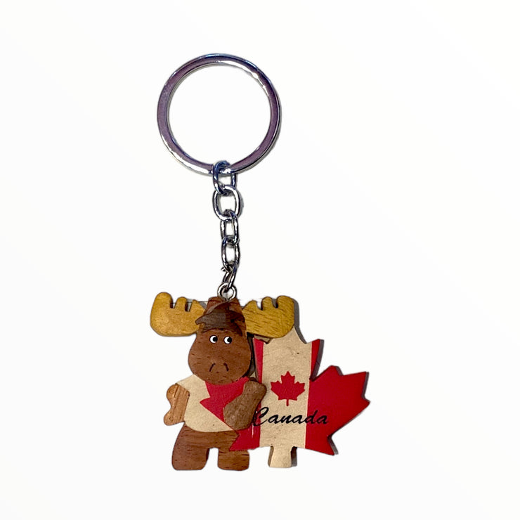 Canada Moose & Flag Wooden Keychain