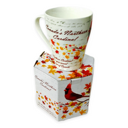 Canadian Northern Cardinal Mug with multi-color maple leaves tea cup and matching box