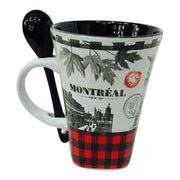 14 Oz Canada & Montreal Ceramic Buffalo Plaid Coffee Mug with Black Spoon | Set for Home, Office, Camping, Traveling | Canadian Cups for Hot and Cold Drinks | Tea Cup with Gift Box