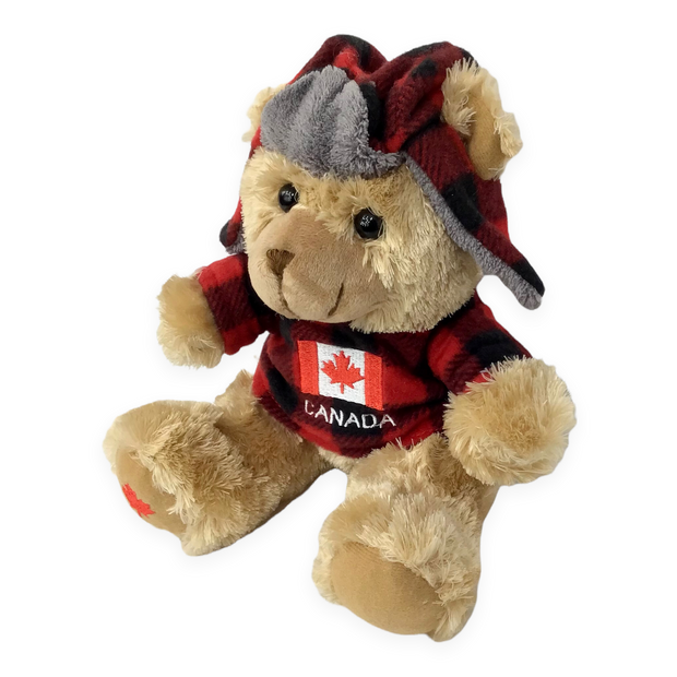 Stuffed Animal Plush Canada Bear 10” with Buffalo Plaid Top and Hat - Canada Fag Embroidery