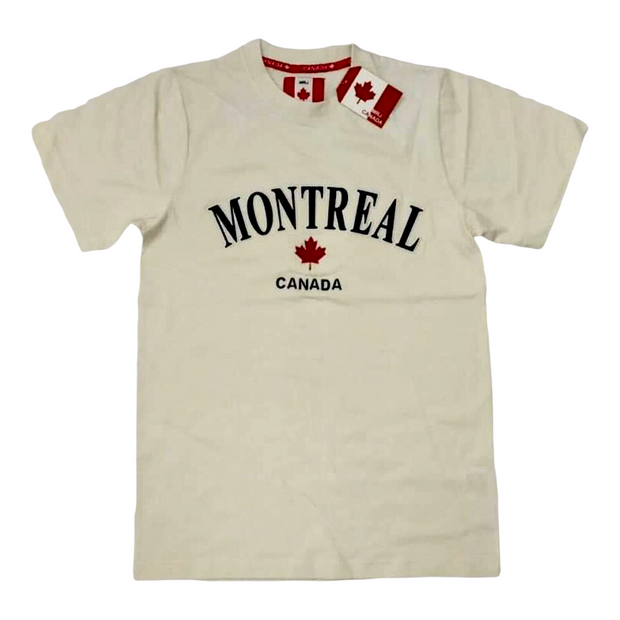 Montreal Embroidery with Red Maple Leaf Adult Unisex T-Shirt Cream Off White