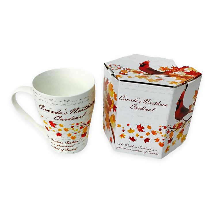 Canadian Northern Cardinal Mug with multi-color maple leaves tea cup and matching box