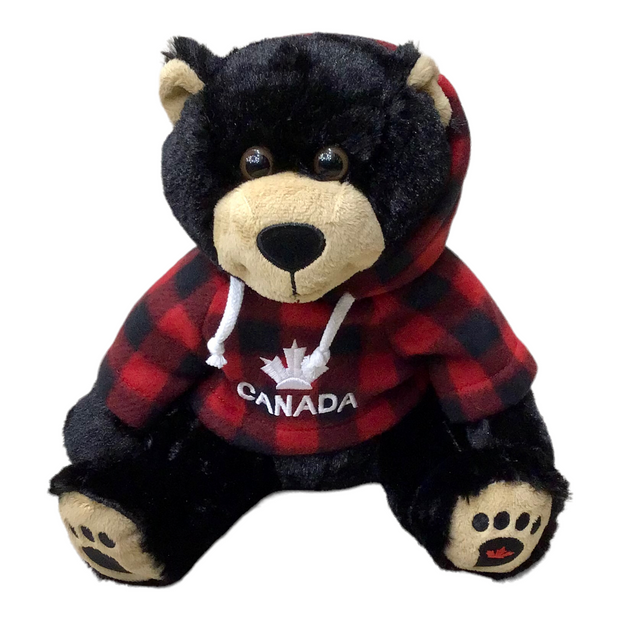 Plaid Jacket 14 inch Sitting Black Bear Stuffed Animal Plush Toy W/ Canada Maple Leaf Embroidery