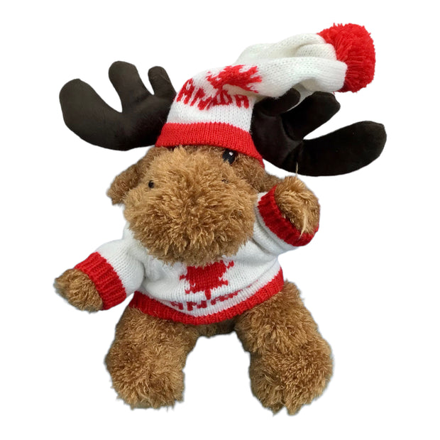 Moose Stuffed Animal W/ Red and White Canada Maple Leaf Sweater and Pompom Touque Plush Toy