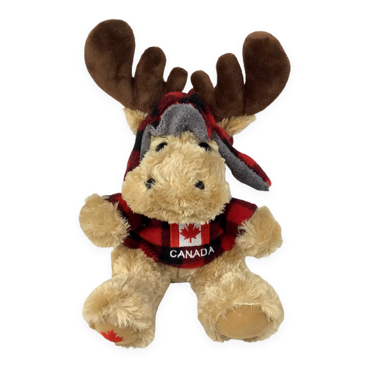 Stuffed Animal Plush Canada Moose 10” with Buffalo Plaid Top and Hat - Canada Fag Embroidery