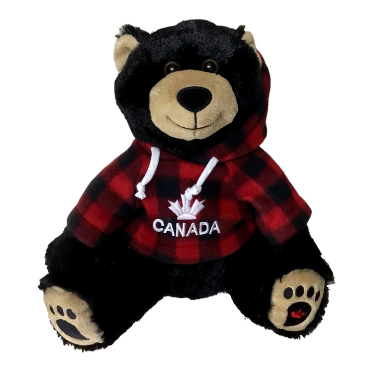 Plaid Jacket 14 inch Sitting Black Bear Stuffed Animal Plush Toy W/ Canada Maple Leaf Embroidery