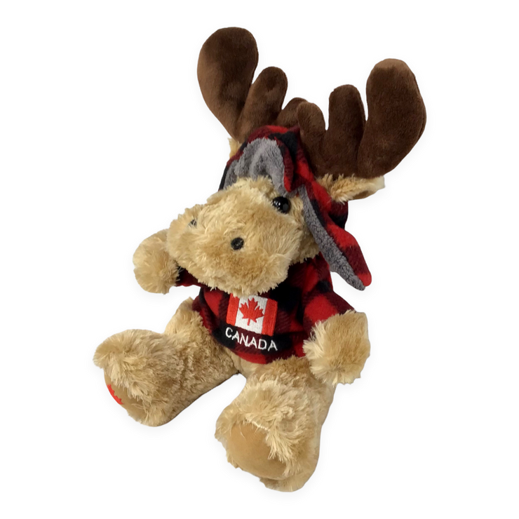Stuffed Animal Plush Canada Moose 10” with Buffalo Plaid Top and Hat - Canada Fag Embroidery